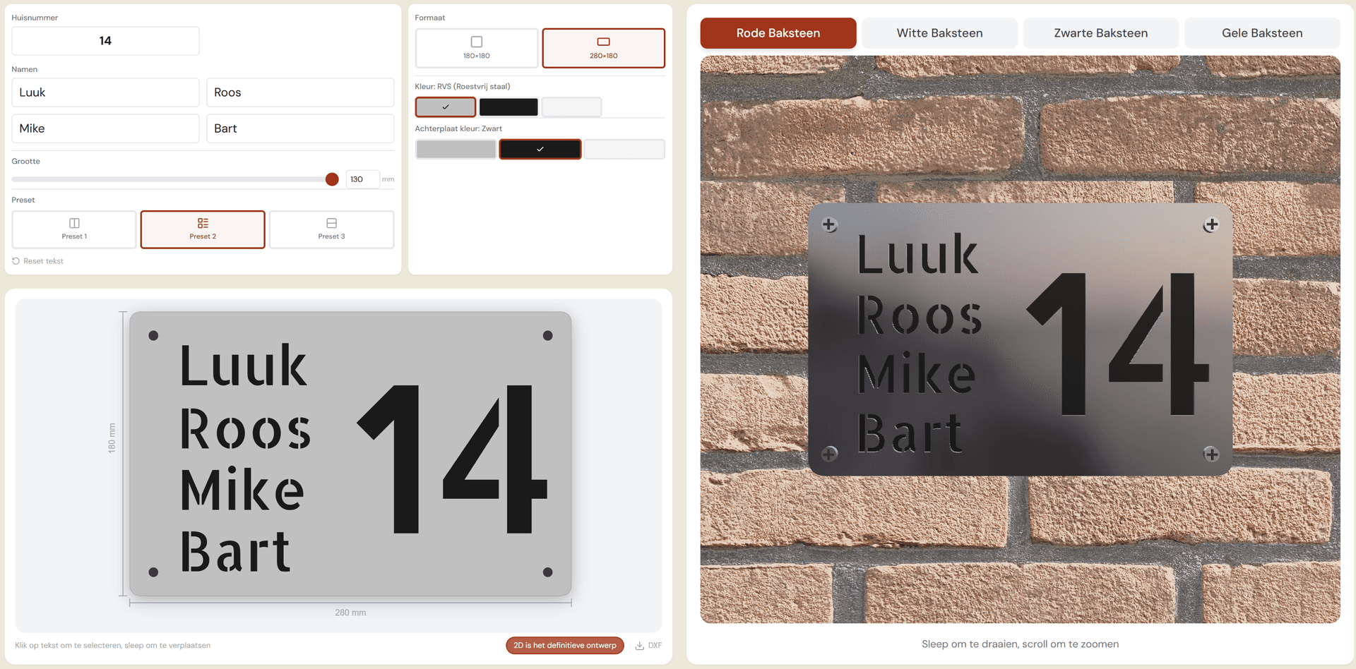 HuisNummerMaken volledige configurator met live preview, muurachtergronden, kleuropties en tekstaanpassing