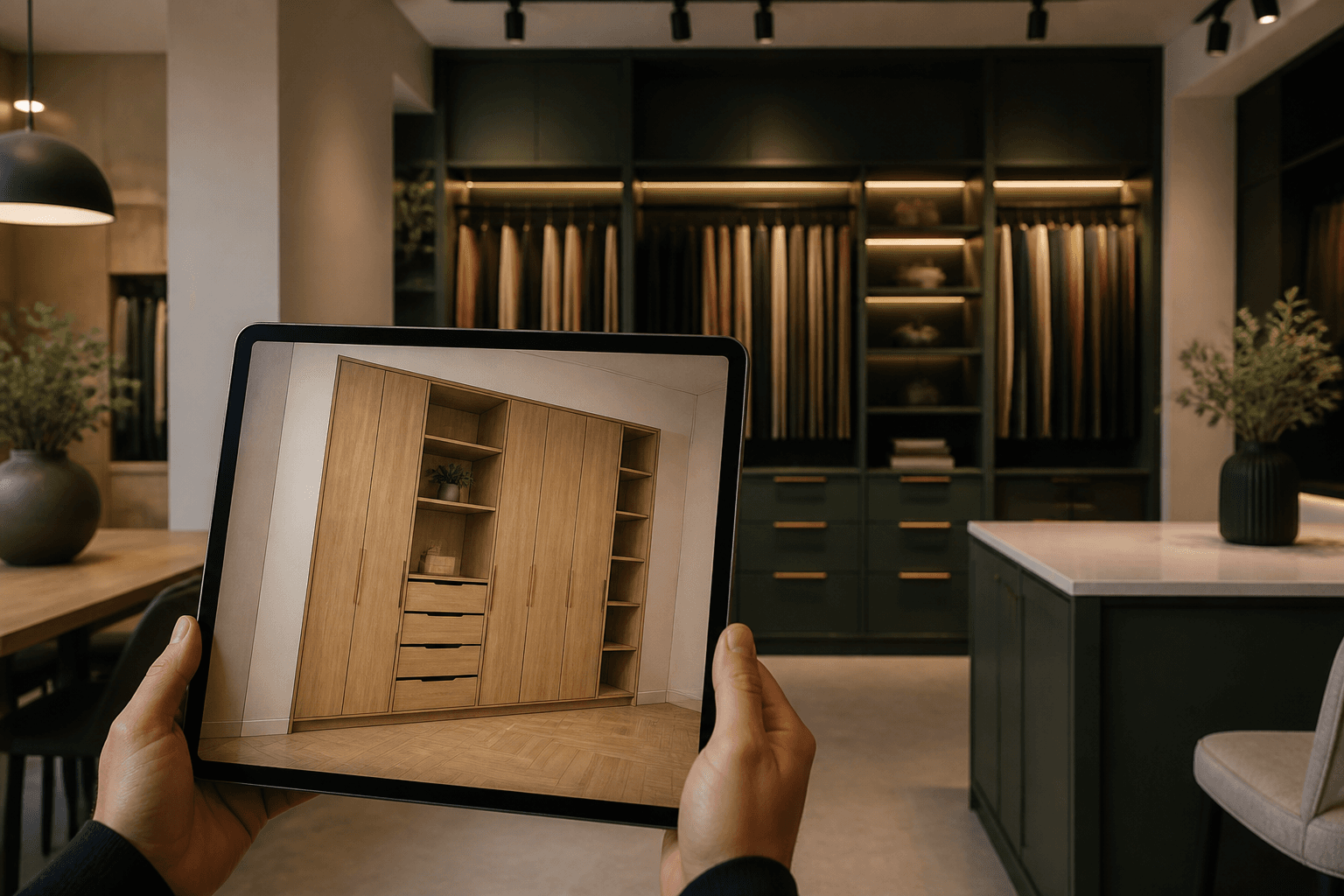 Maatkast in een showroom, ontworpen via een digitale configurator