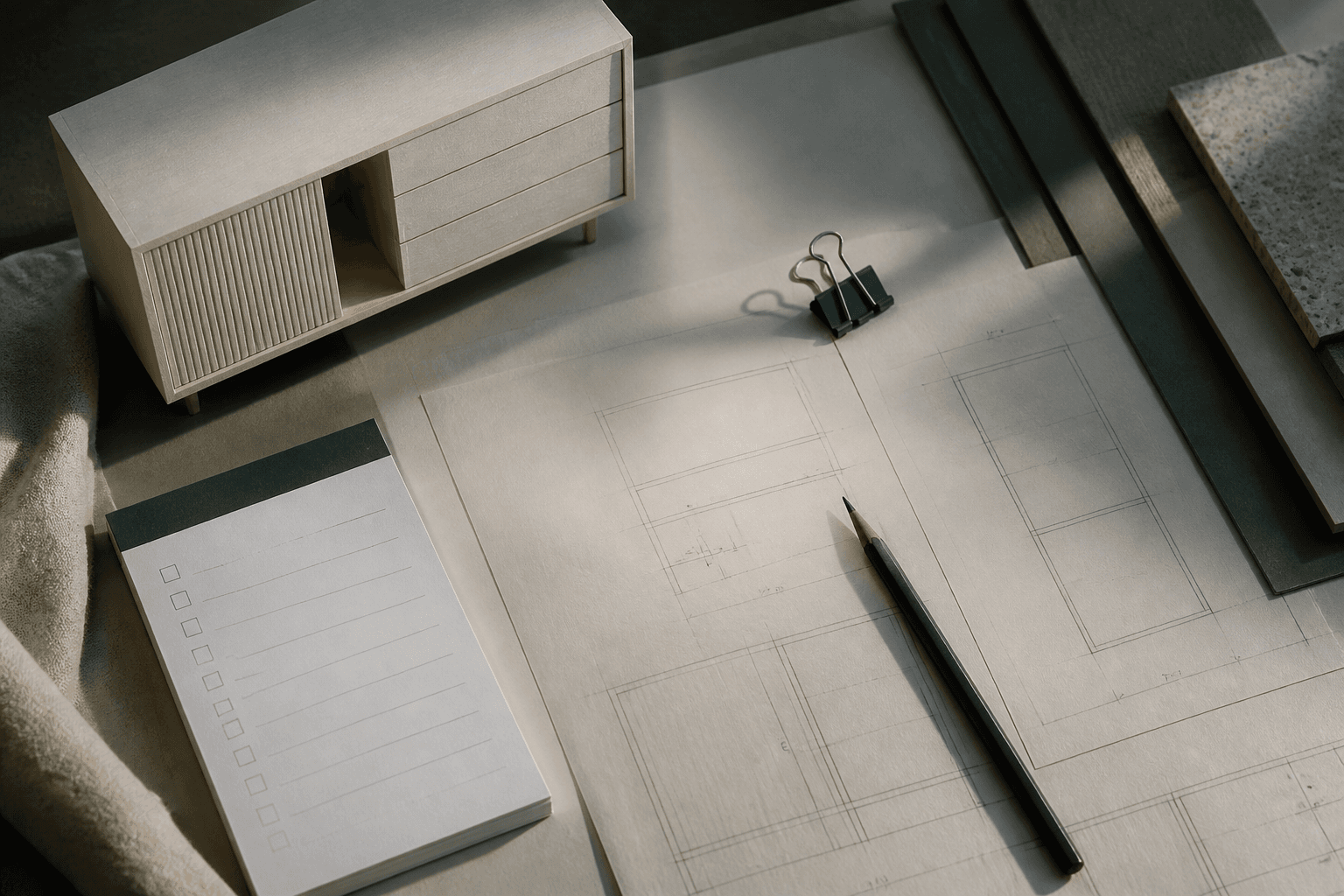 Werktafel met maquette, potlood en een overzichtelijke checklist
